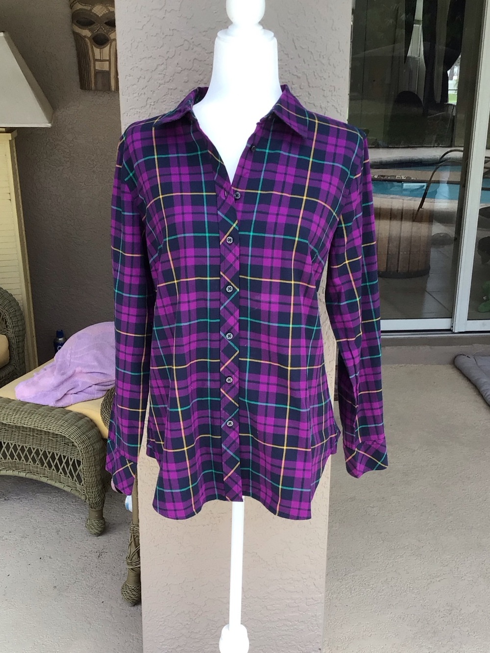 Talbots purple plaid button up shirt